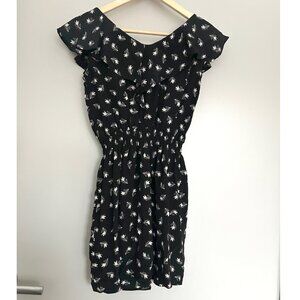 **VINTAGE** SCOOP NYC 100% Silk Ruffle Top Black Patterned Mini Dress Size Small